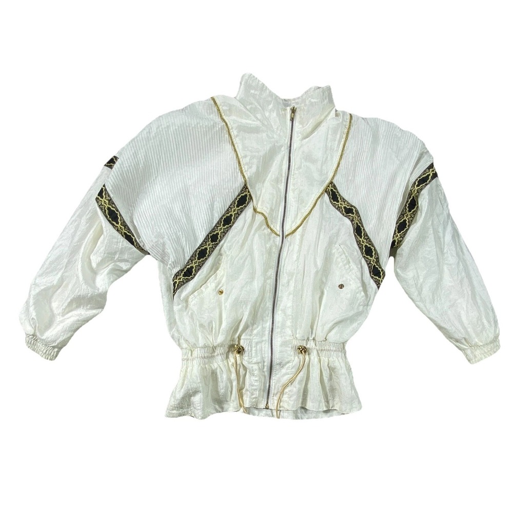 Vintage Bocoo Windbreaker Jacket‎ Womens Medium White Gold Embroidered Full Zip